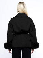 Women's Elegant Solid Color Waist Tie Plush Long Sleeve Thermal Wrap Coat