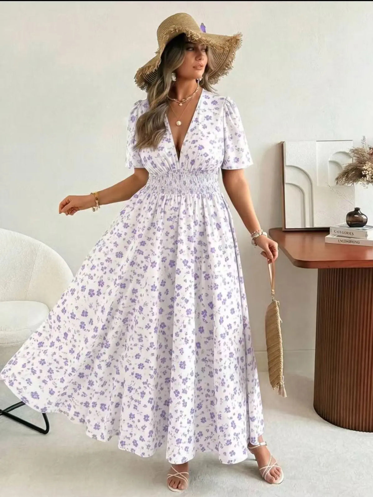 Plus Size French Floral Dress, Deep V Neck Waist Cinch Slimming Short Sleeve Long Dress, Vacation Style, Women's Fashion