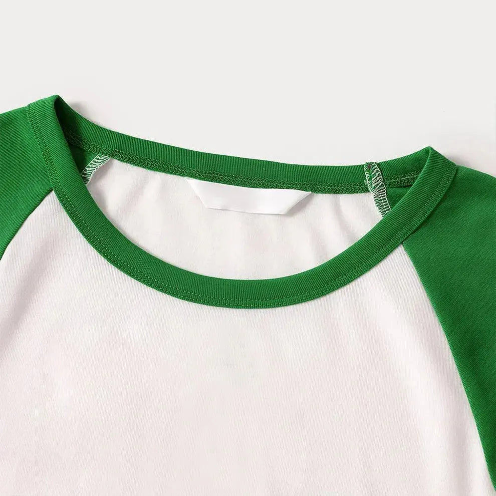 Green Raglan Top Green Plaid Christmas Pajamas Set With Colorful Gnomes and "Tis The Season" Print