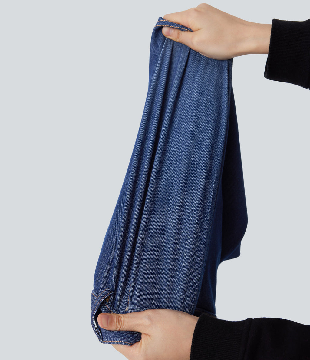 FlexTM High Waisted 2-in-1 Cool Touch Washed Denim Mini Tennis Skirt with Pocket