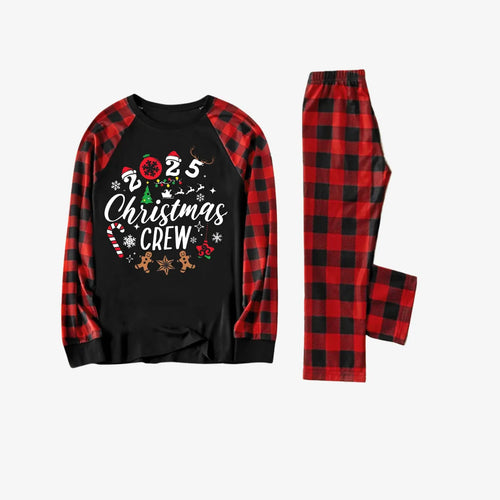 "2025 Christmas Crew" Text Print Black & Red Plaid Christmas Matching Pajamas