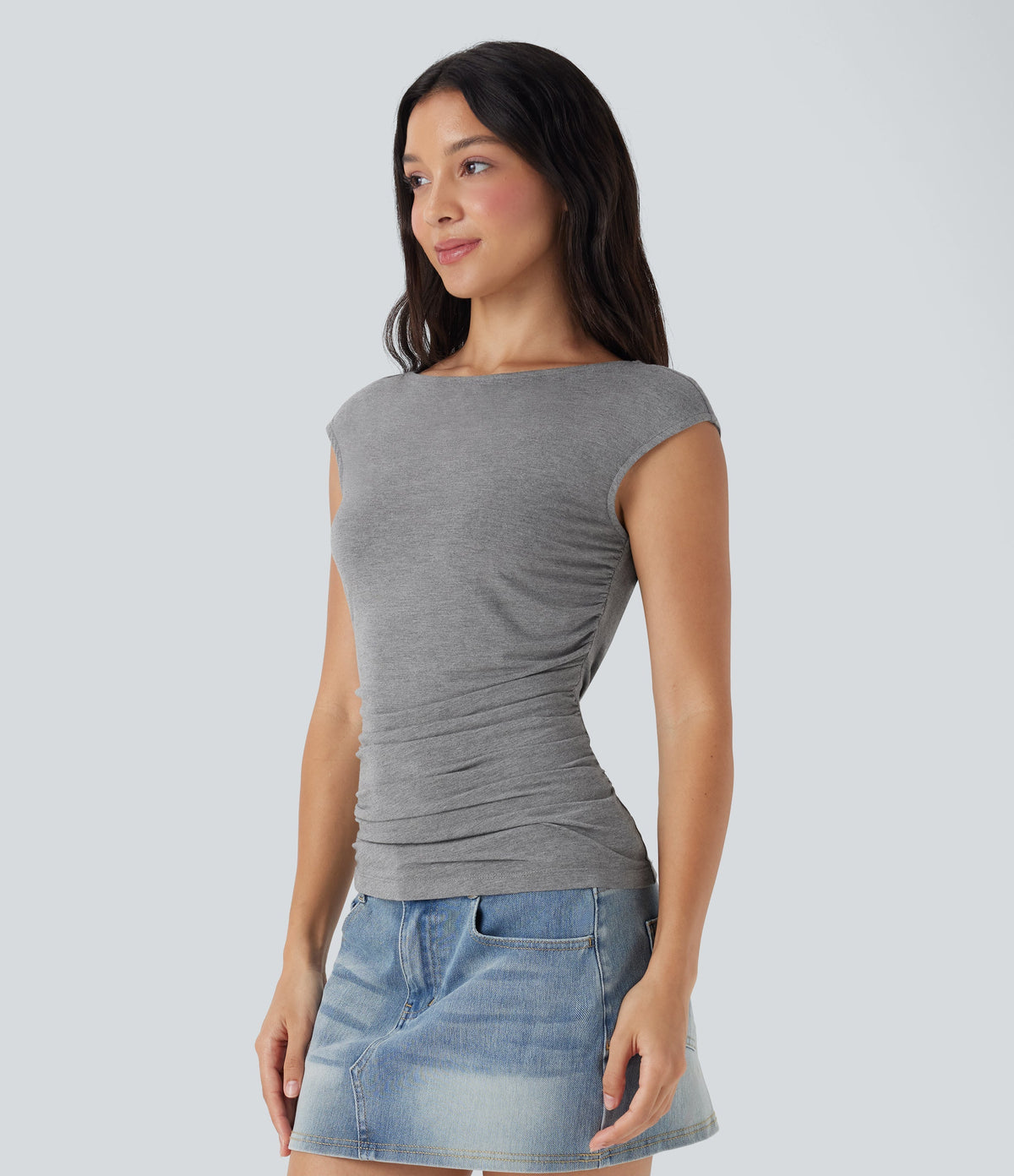 Boat Neck Cap Sleeve Ruched Casual Top