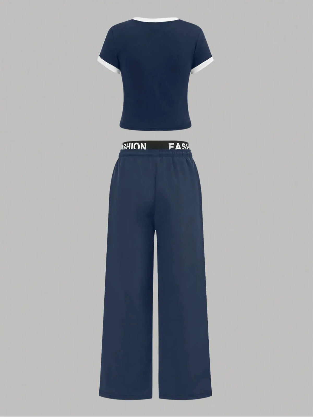 Hot-girl Style Contrast Binding Short Top and Letter Tape Wide Leg Pants, Women's Black & White Two-piece Set