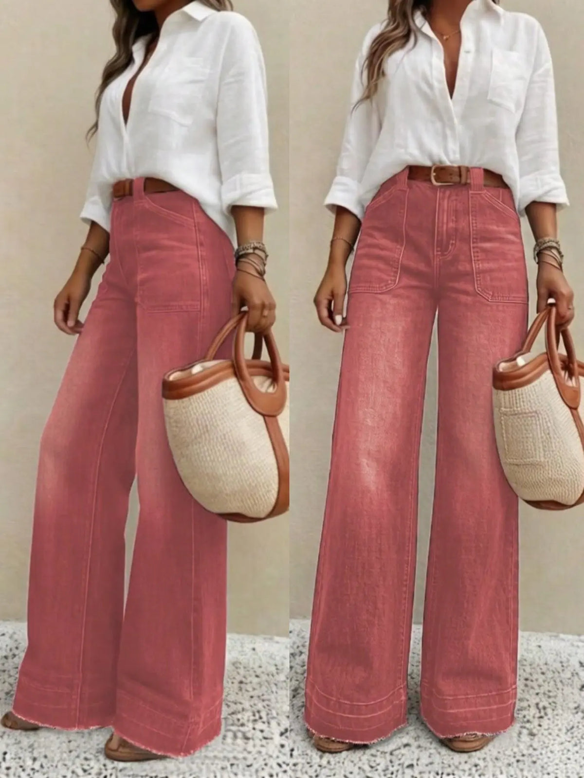 Women's Elastic Jeans, Vintage Washed Wide Leg, High Waist Slimming, Casual Daily Wear, No Belt Included, Loose-Fitting, All Seasons