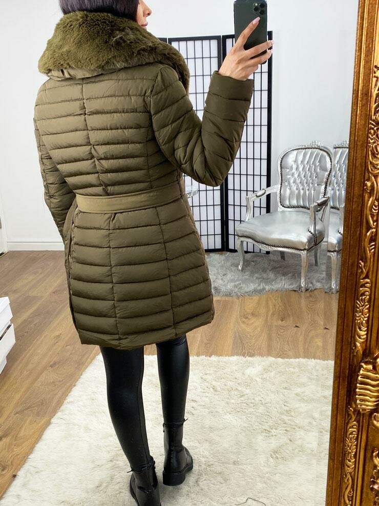 Dez Khaki Faux Fur Collar Belt Coat