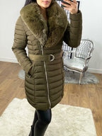 Dez Khaki Faux Fur Collar Belt Coat