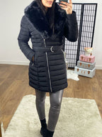 Dez Black Faux Fur Collar Belt Coat