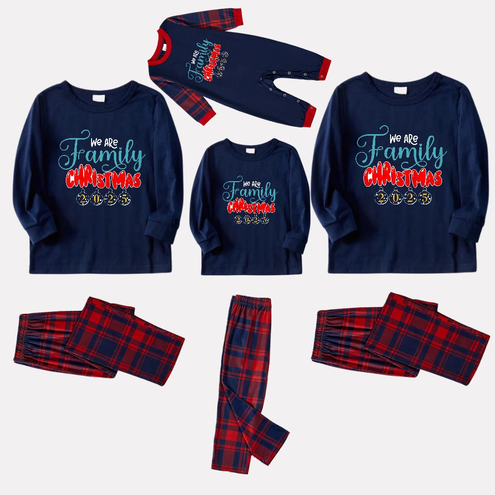 Christmas Family Matching Pajamas-Navy & Red Plaid Pjs Set with "We Are Family Christmas 2025" Print