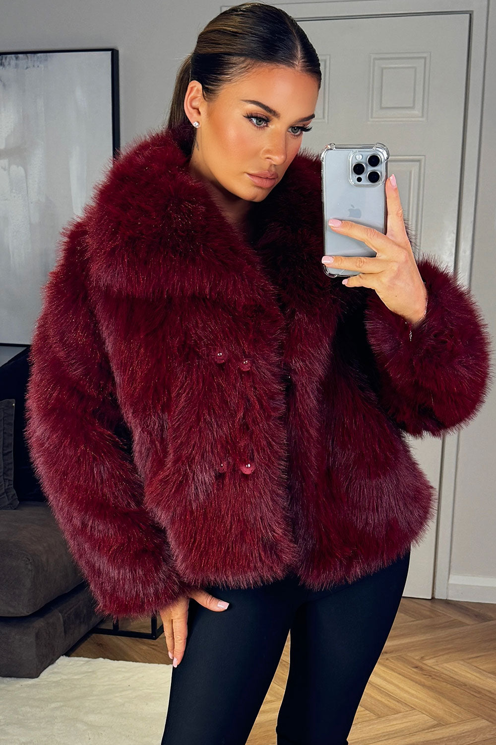 Faux Fur Short Plush Jacket Burgundy