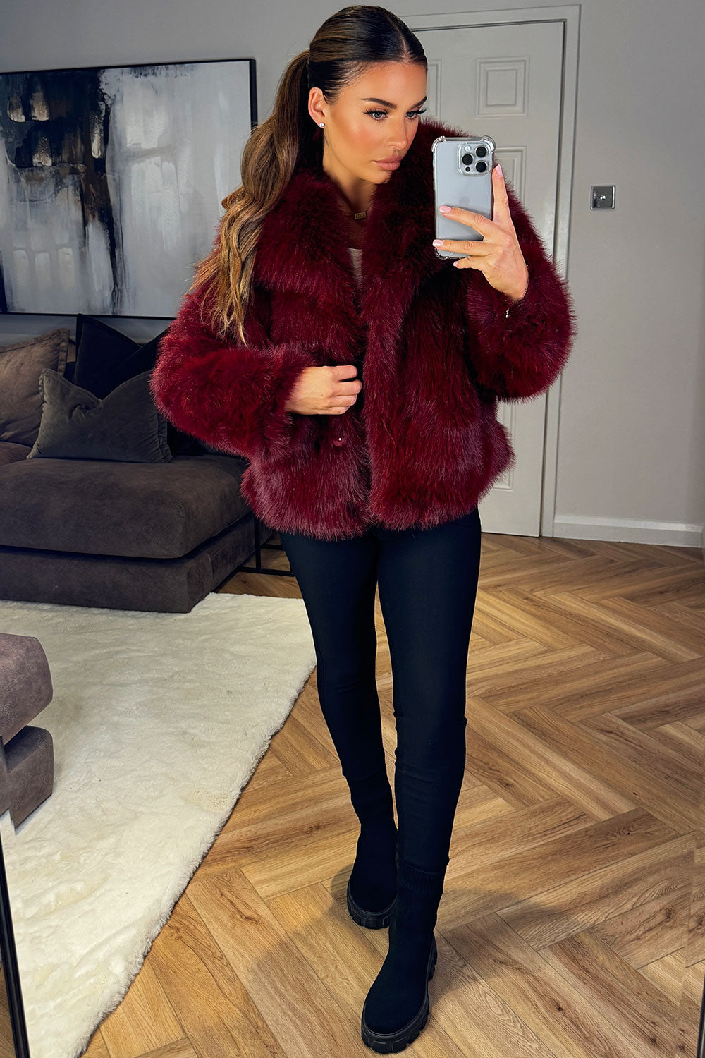 Faux Fur Short Plush Jacket Burgundy