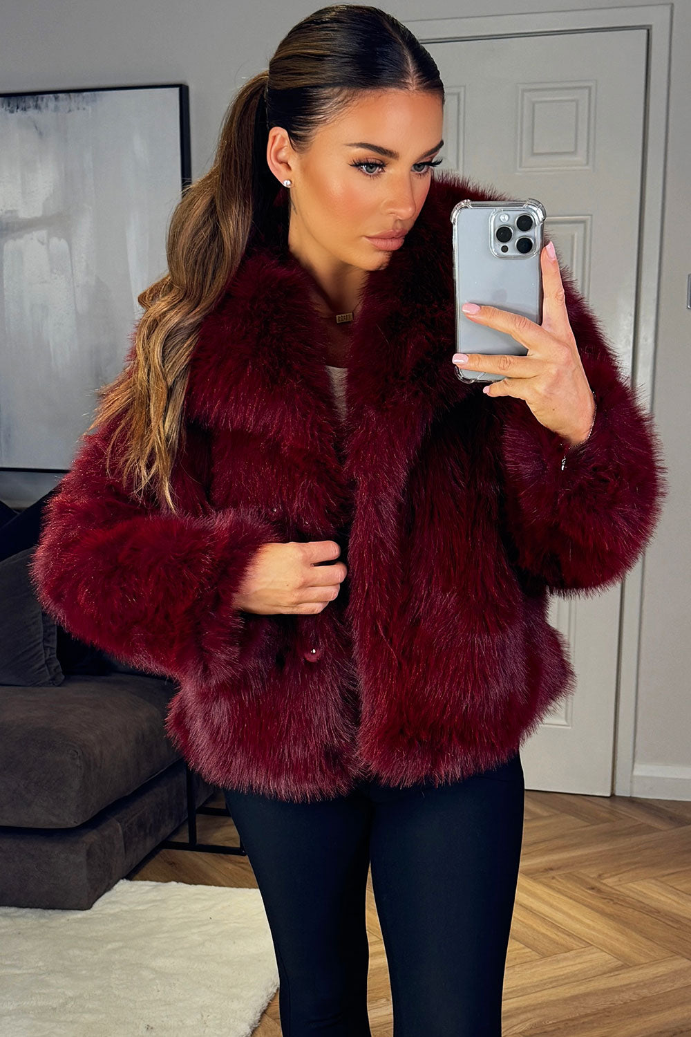 Faux Fur Short Plush Jacket Burgundy