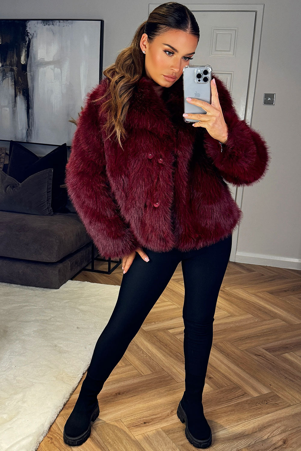 Faux Fur Short Plush Jacket Burgundy