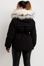 Black Coat With Faux Fur Hood And Drawstring Waist