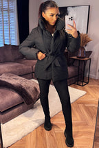 Black Duvet Padded Jacket With Belt