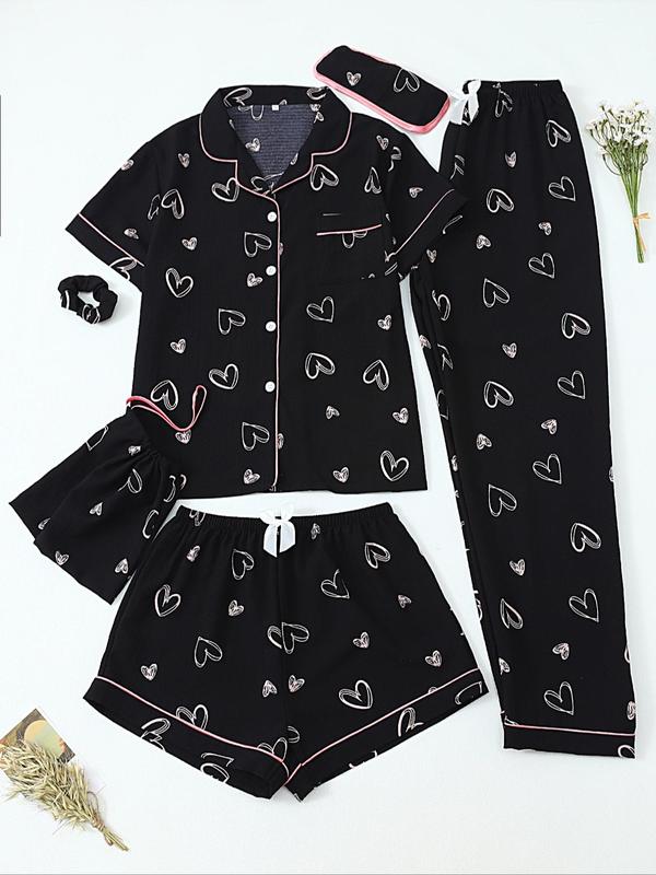 Women's All Over Print Top & Shorts & Pants & Accessories Pyjama Set, Casual Comfy Pj Set, Ladies Sleepwear for All Seasons