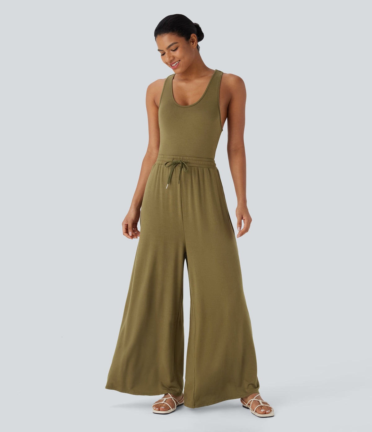 U Neck Racerback Drawstring Casual Jumpsuit with Pockets