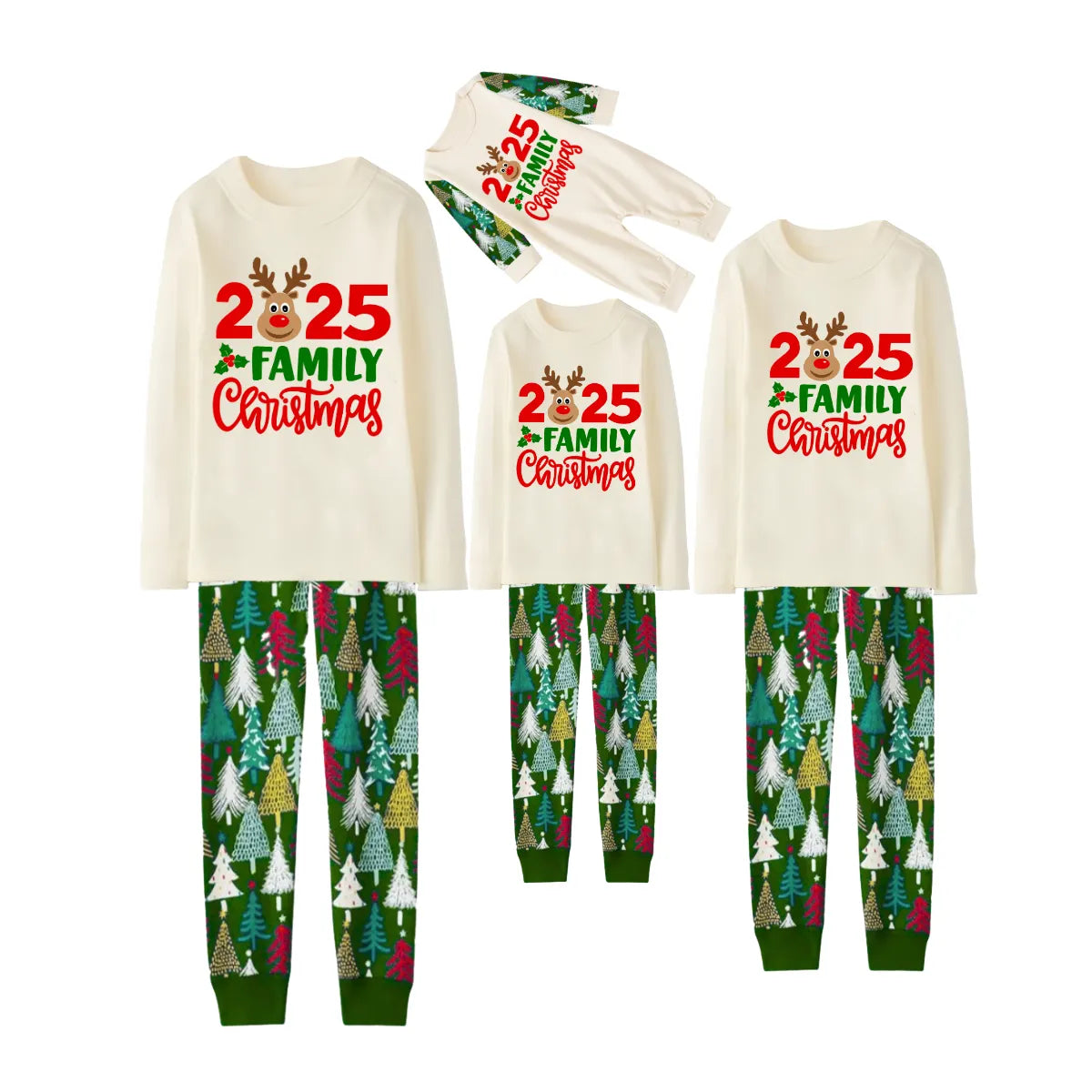 2025 Reindeer Family Christmas Family Pajamas Set - Cream Top / Green Tree Print Pants / Green Tree Print Sleeves