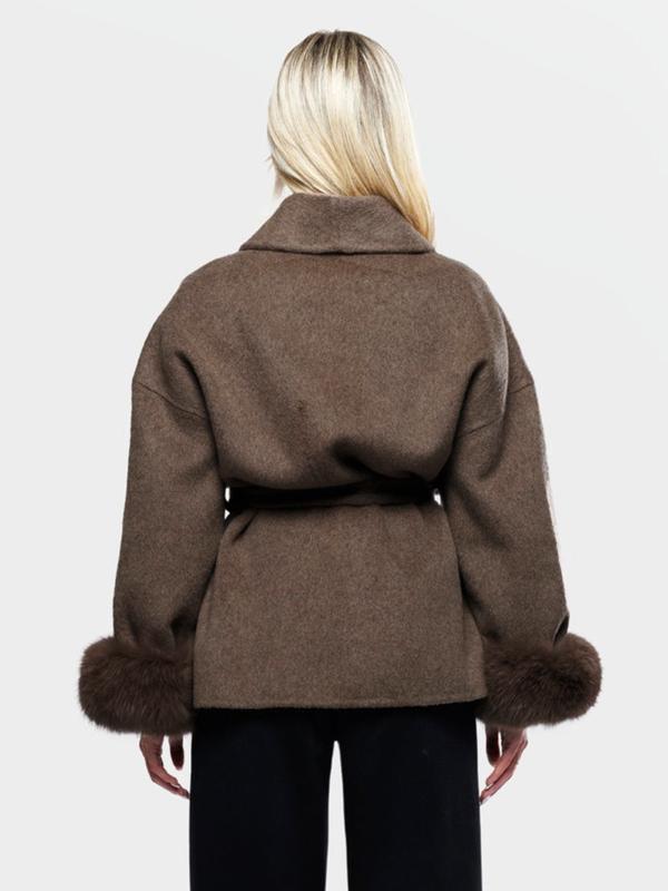Women's Elegant Solid Color Waist Tie Plush Long Sleeve Thermal Wrap Coat