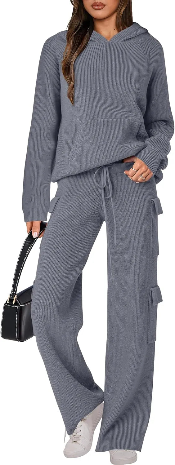 🎄Christmas Clearance 🔥 Women’s Two Piece Outfits Casual Knit Hooded Sweater Straight Leg Pants Set