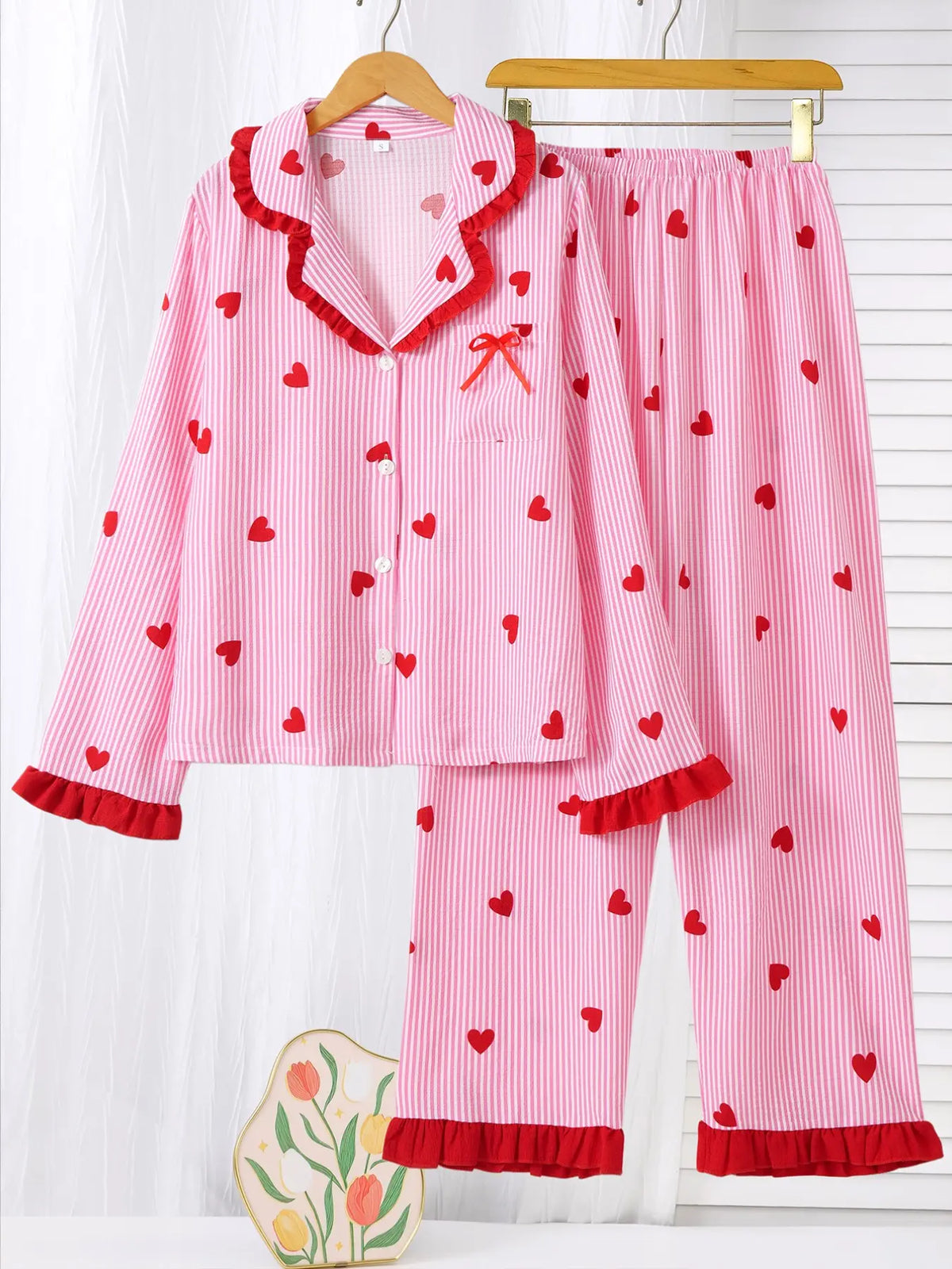 Women's Sleepwear Set, Breathable Striped Bow Design, Sweet & Fashionable Home Wear, Comfortable Nightgown for Women, Homewear