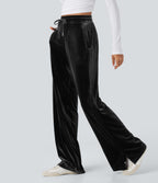 High Waisted Drawstring Wide Leg Velvet Casual Pants with Pockets