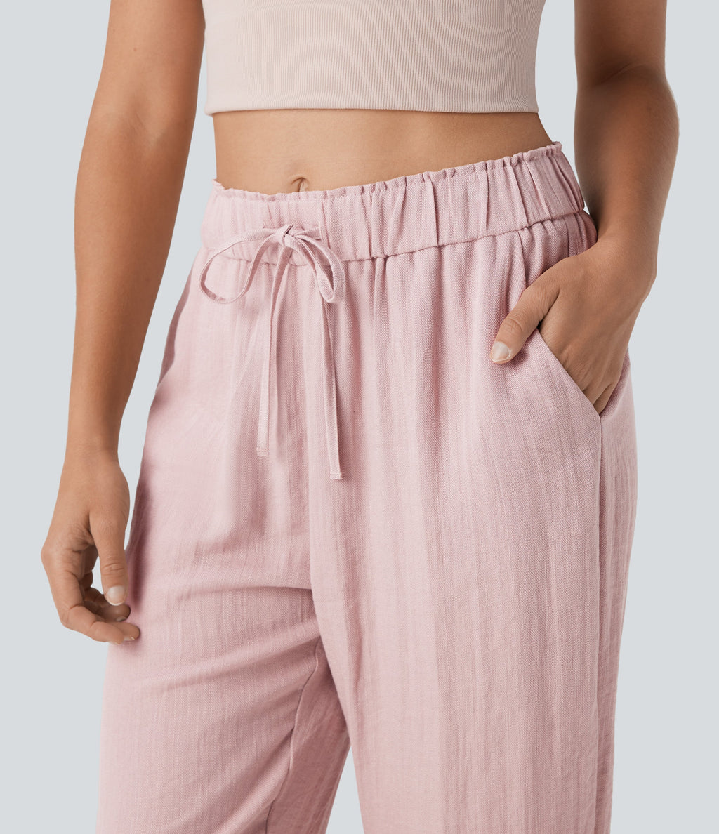 Mid Rise Drawstring Casual Tapered Pants with Pockets