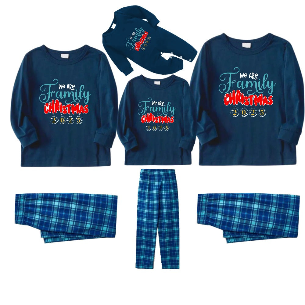 Christmas Family Matching Pajamas-Navy & Sky Blue Plaid Pjs Set with "We Are Family" Christmas Slogan Print