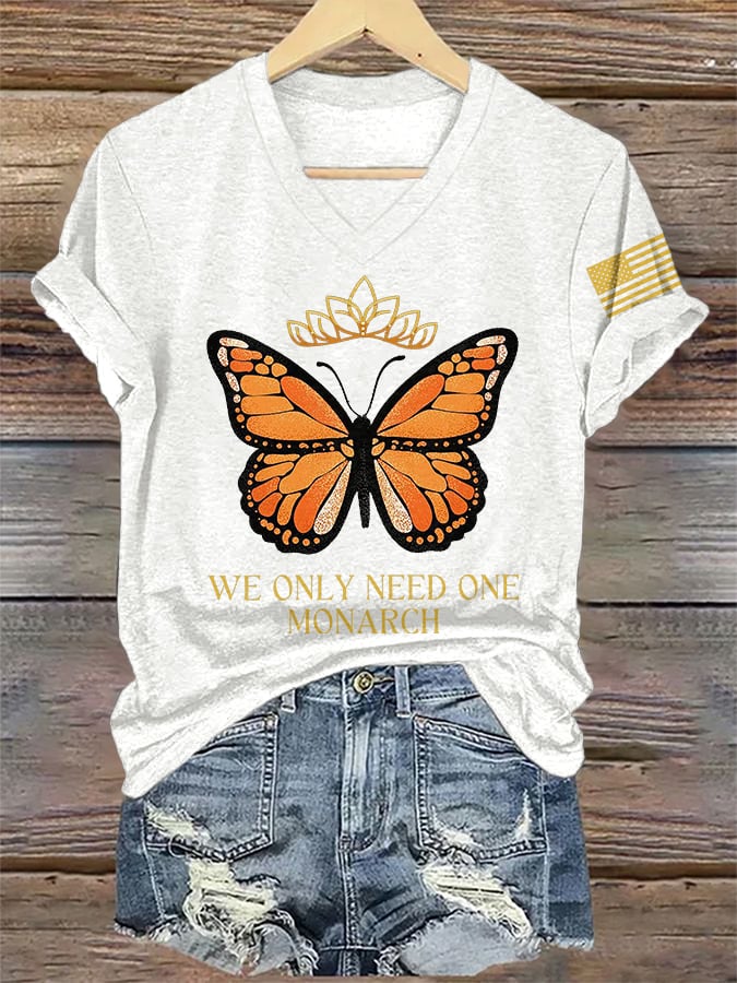 🔥Buy 3 Get 15% Off🔥V-Neck Retro No Kings We Only Need One Monarch Butterfly  Print T-Shirt