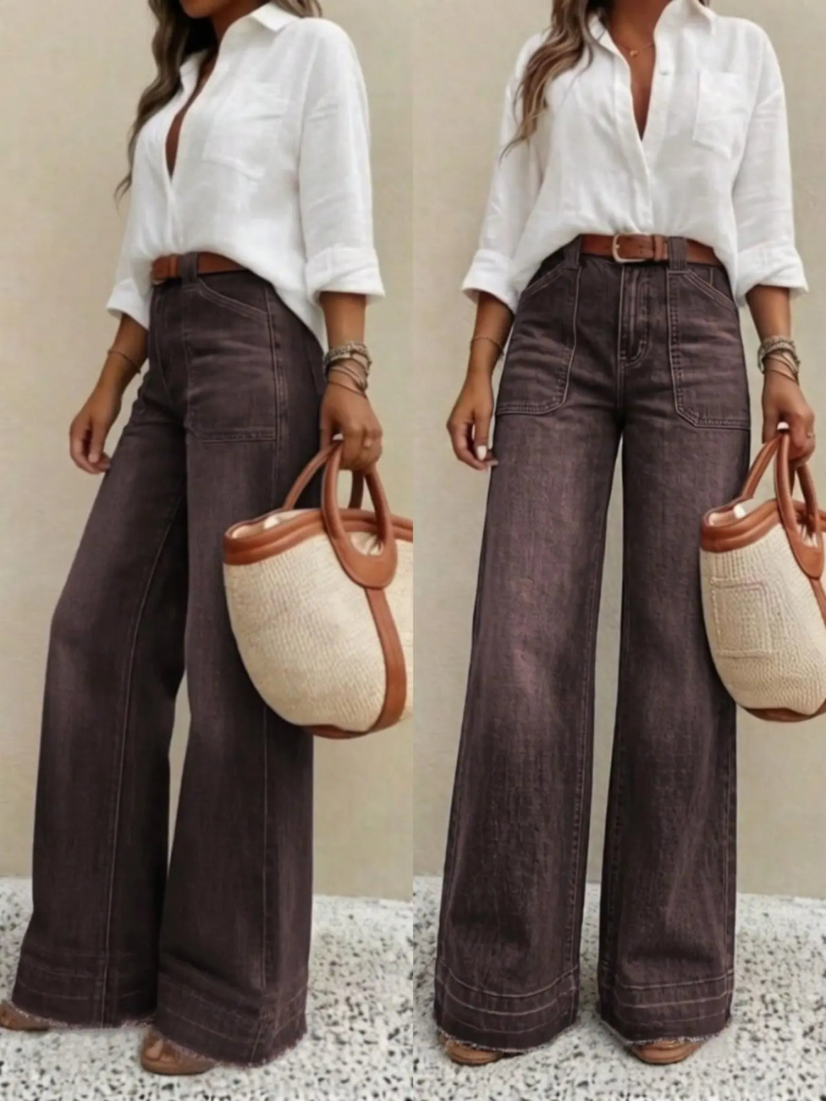 Women's Elastic Jeans, Vintage Washed Wide Leg, High Waist Slimming, Casual Daily Wear, No Belt Included, Loose-Fitting, All Seasons