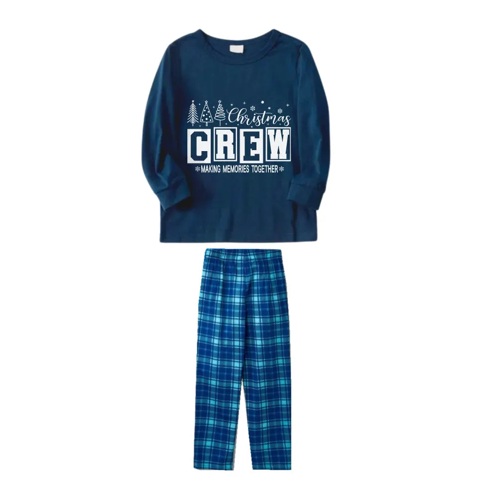 Christmas Family Matching Pajamas-Navy & Sky Blue Plaid Pjs Set with "Christmas Crew Making Memories Together" Print