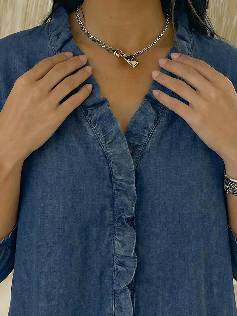 Women's Casual Denim V-Neck Ruffled Shirt