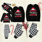 "2025 Family Christmas" Text and Christmas Pattern Black and White Plaid Family Matching Pajamas