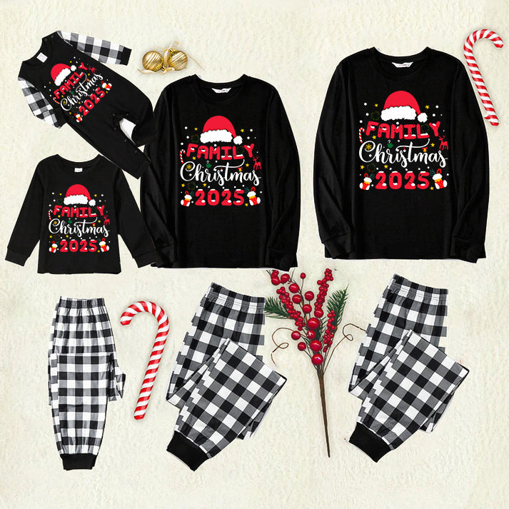 "2025 Family Christmas" Text and Christmas Pattern Black and White Plaid Family Matching Pajamas