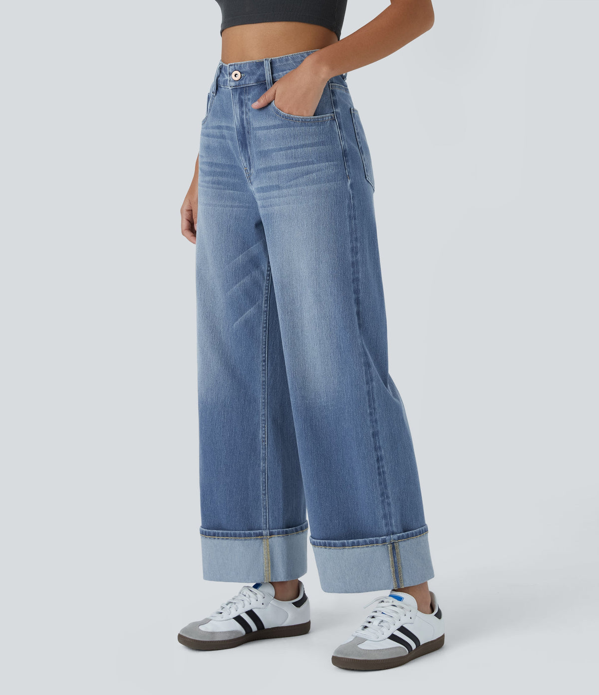 FlexTM High Waisted Multiple Pockets Rolled Hem Wide Leg Washed Stretchy Knit Casual Jeans