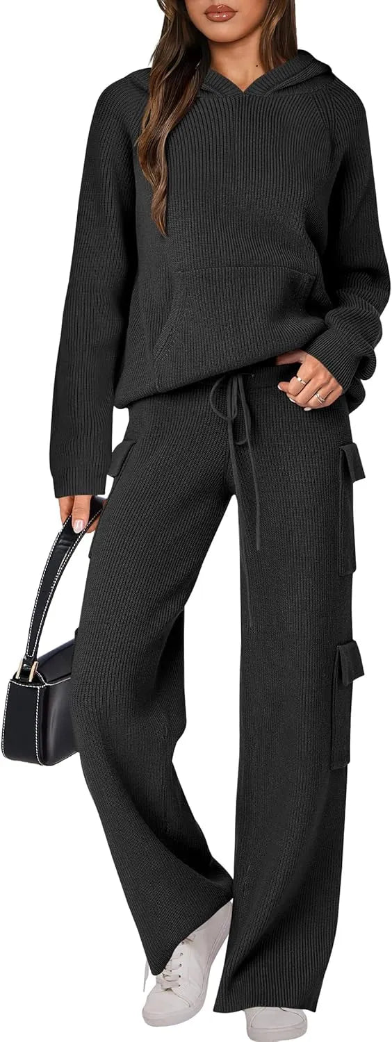 🎄Christmas Clearance 🔥 Women’s Two Piece Outfits Casual Knit Hooded Sweater Straight Leg Pants Set