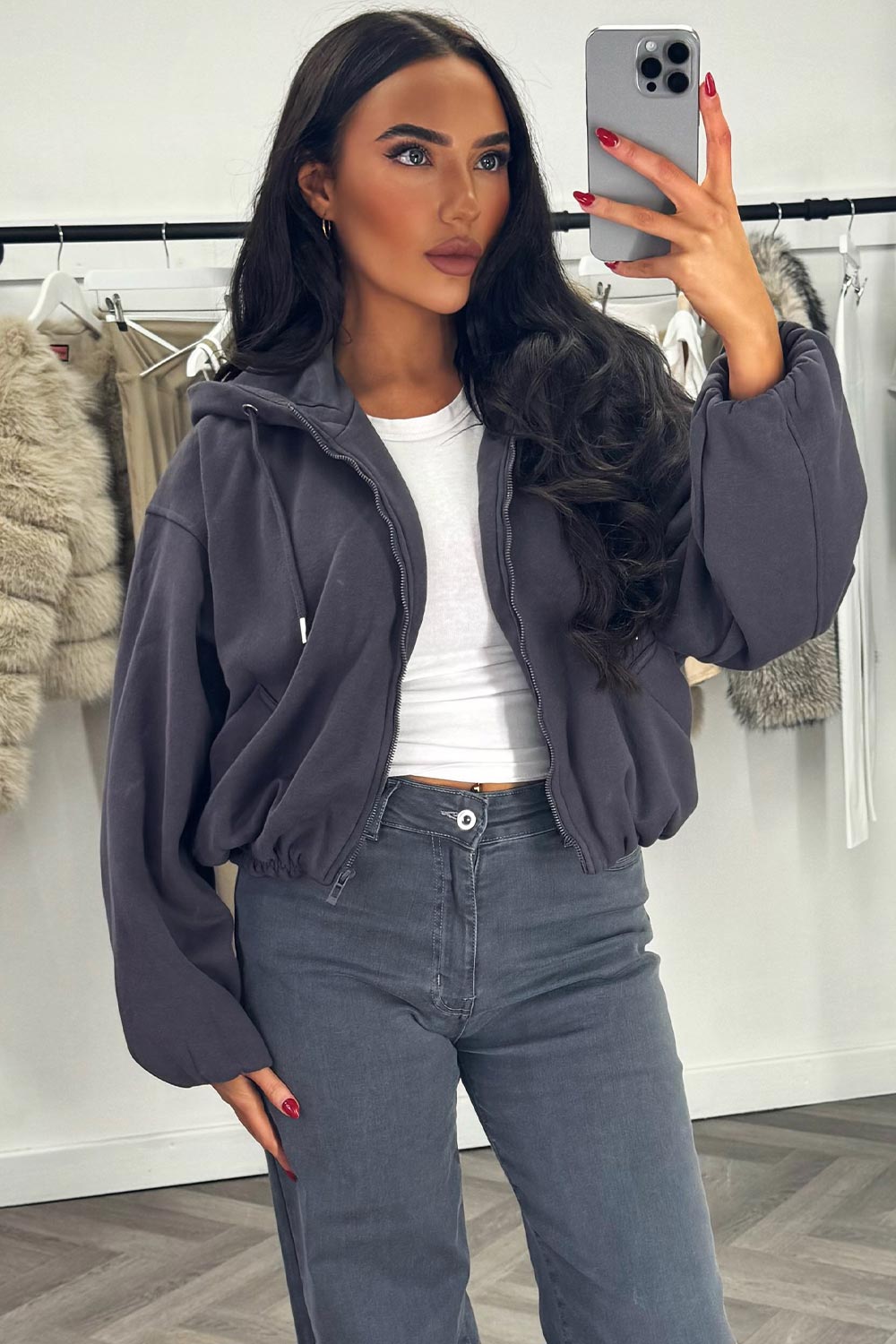 Hooded Jacket With Elastic Hem Charcoal
