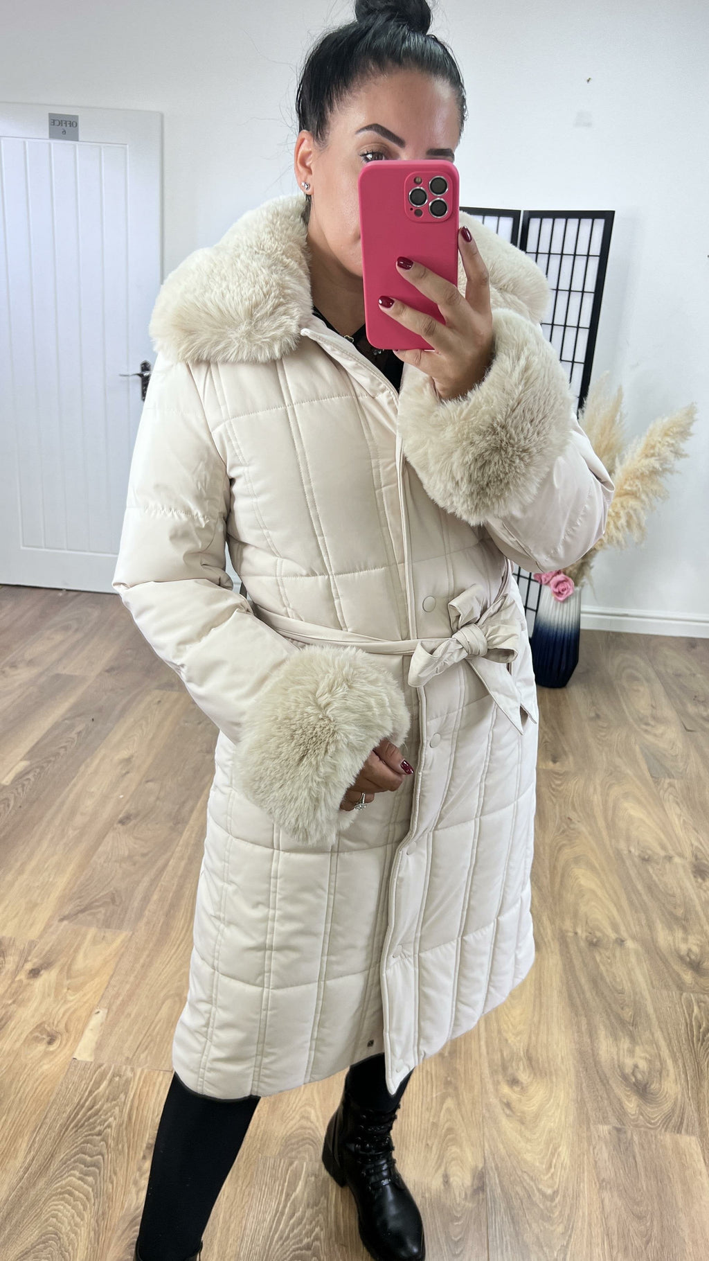 Elexi Beige Faux Fur Detail Padded Coat