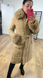 Elexi Camel Faux Fur Detail Padded Coat