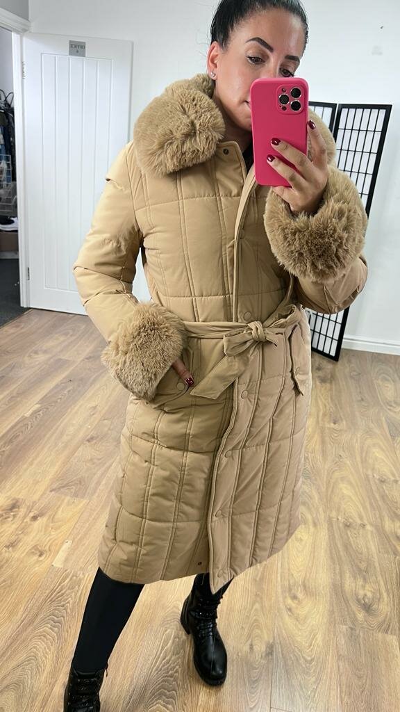Elexi Camel Faux Fur Detail Padded Coat