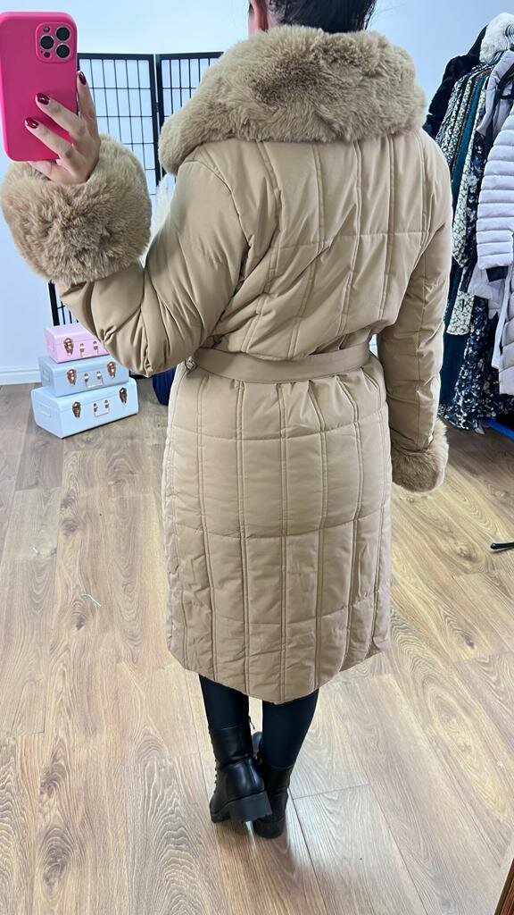 Elexi Camel Faux Fur Detail Padded Coat