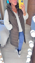 Ellison Khaki Hooded Longline Puffer Gilet