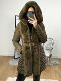 Elvire  Khaki Faux Fur Hooded Wet Look Padded Coat