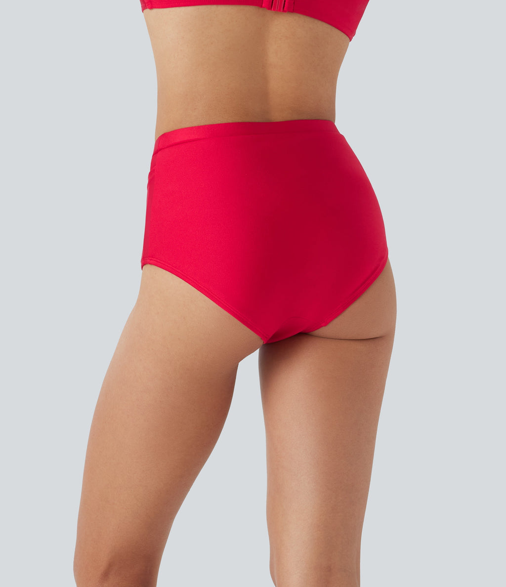 High Waisted Tummy Control Sheen Bikini Bottom Swimsuit with Pockets