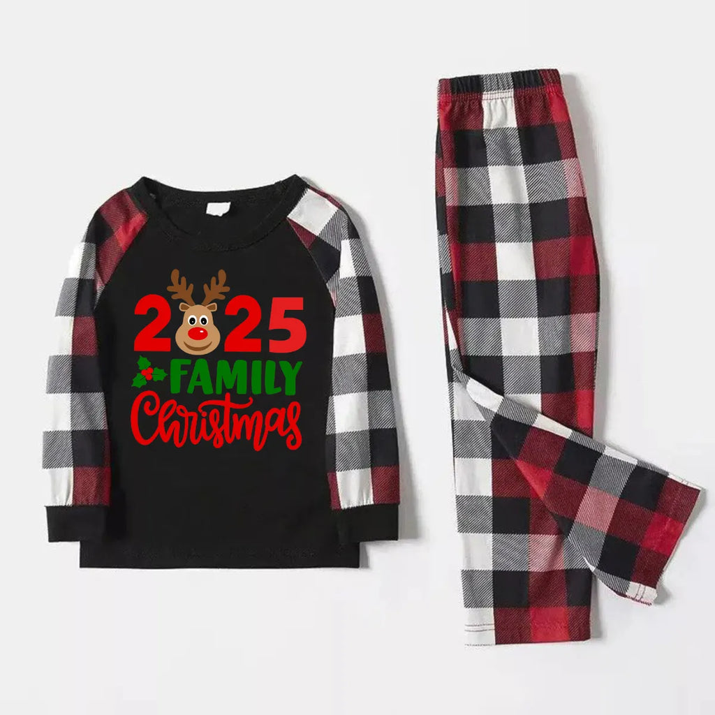 "2025 Family Christmas" Moose Letter Prints Red & Black & Grey & White Plaid Family Matching Pajamas