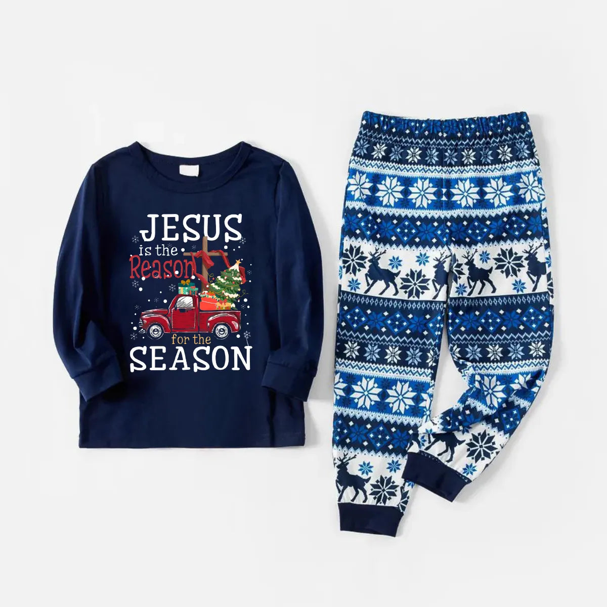 Joyful Blue Christmas Pajamas Set With "Jesus is the Reason for the Season" Text Print