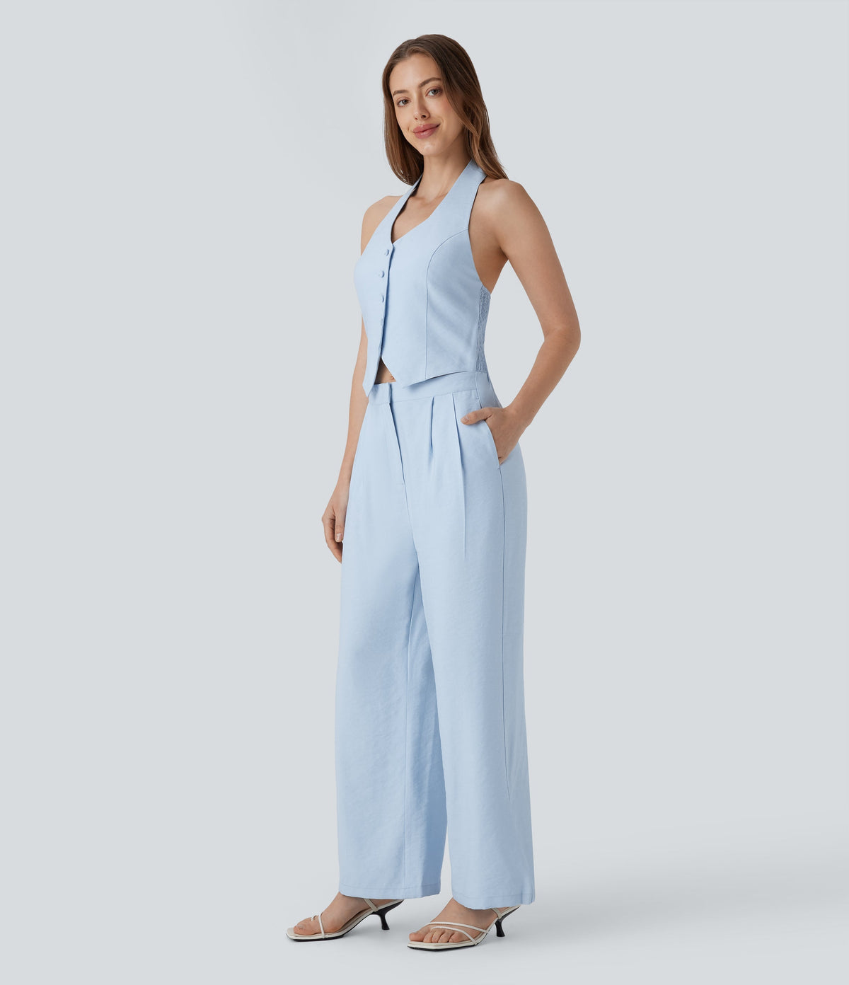 Halter Shirred Wide Leg Work Jumpsuit with Pockets