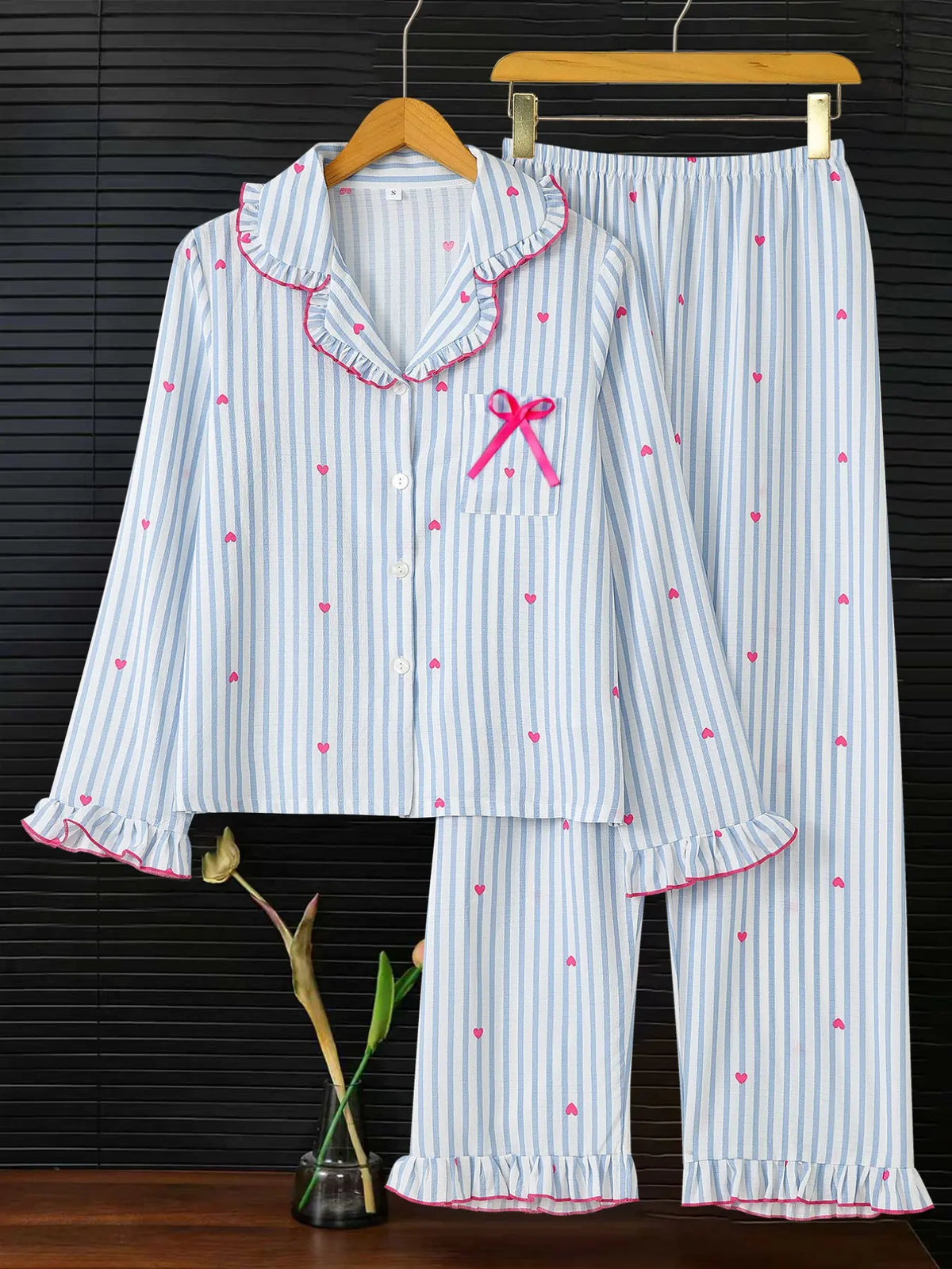 Women's Sleepwear Set, Breathable Striped Bow Design, Sweet & Fashionable Home Wear, Comfortable Nightgown for Women, Homewear
