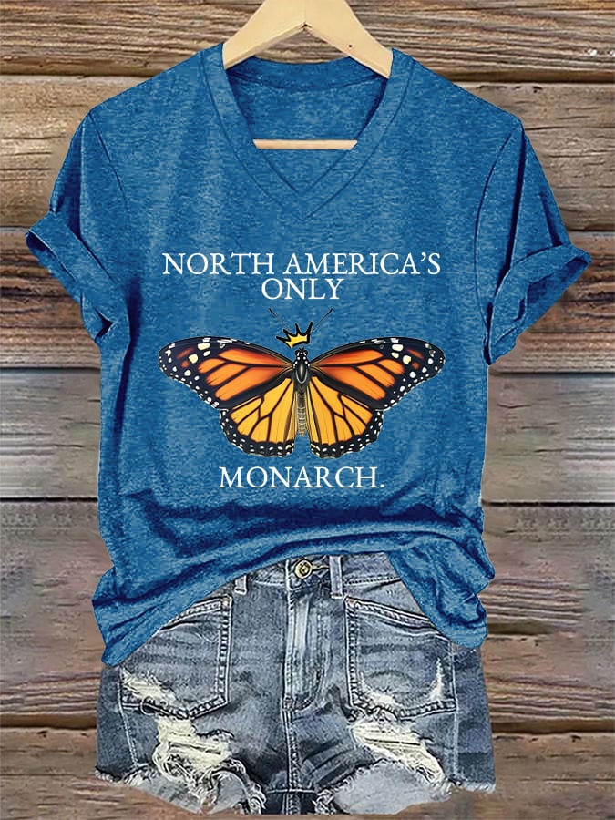 🔥Buy 3 Get 15% Off🔥V-Neck Retro North America’s Only Orange Monarch Print T-Shirt