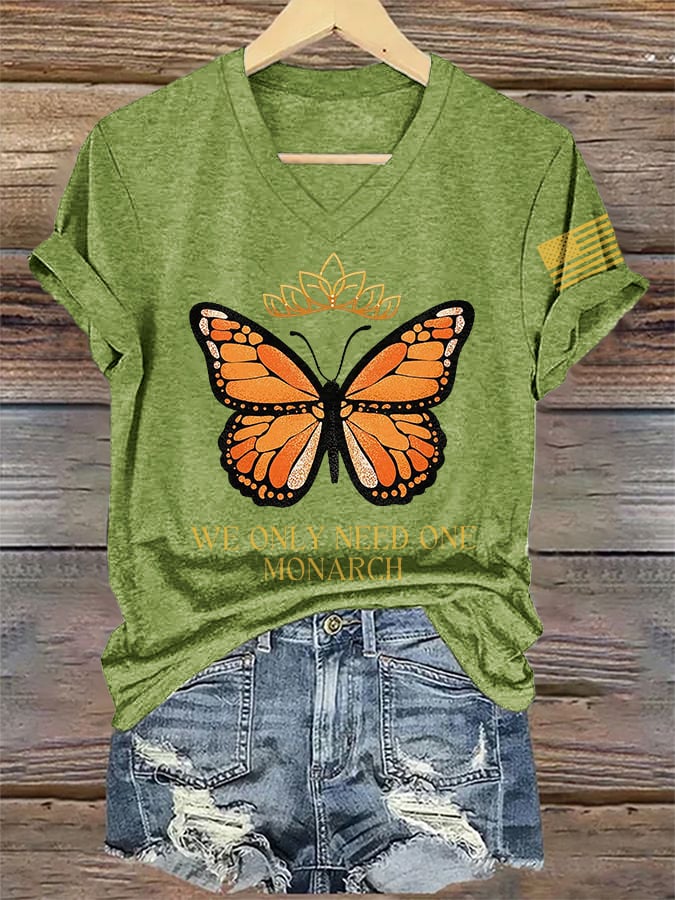 🔥Buy 3 Get 15% Off🔥V-Neck Retro No Kings We Only Need One Monarch Butterfly  Print T-Shirt