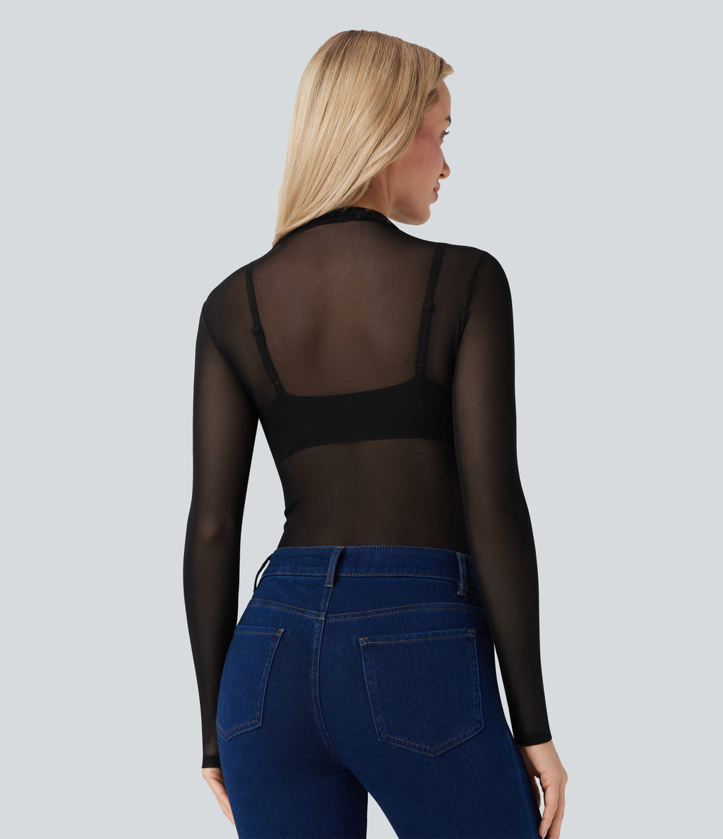 Sheer Mesh Mock-neck Snap Casual Bodysuit